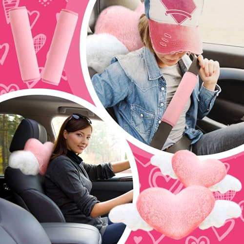 Fanfanwin 4 Pcs Car Accessories Set Include 2 Pcs Pink Heart Shaped Car Headrest Pillow with Angel Wings2 Pcs Pink Faux Fur Universal Seatbelt Cover Kawaii Soft Neck Rest Cushion for Truck SUV Decor