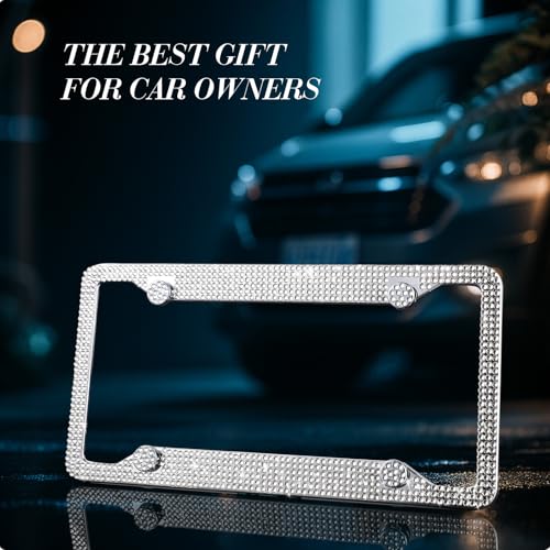 Timtin 2 Pcs Bling License Plate Frame Sparkly Rhinestone Diamond Accessories Stainless Steel Front License Plate Cover with Bling 4 Crystal Tire Valve Caps 1 Start Ring Sticker(White) - color: White