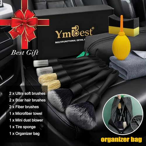 10PCS Car Detailing Brush Kit, All-in-One Interior Exterior Auto Detailing Brushes Set, Durable Ultra Soft Boars Hair Car Detail Brush, Car Cleaning Brush with Storage Bag & Car Drying Towel