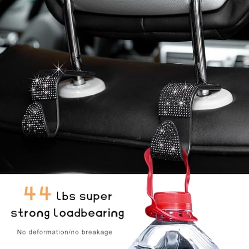 4 PCS Car Seat Headrest Hooks, Bling Rhinestone Purse Hook Vehicle Back Seat Hanger, Sparkling Crystal Headrest Hangers Storage Organizer for Grocery Bag Handbag Coats (Black)