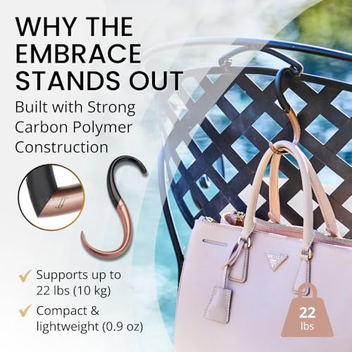 EMBRACE Purse Hook Hanger – Lightweight, Durable Teardrop S Hooks | Bag Clip Holds 22 lb Bags, Backpacks, Totes | Purse Charms for Women, Men | Caviar & Cognac - color: Caviar/Cognac