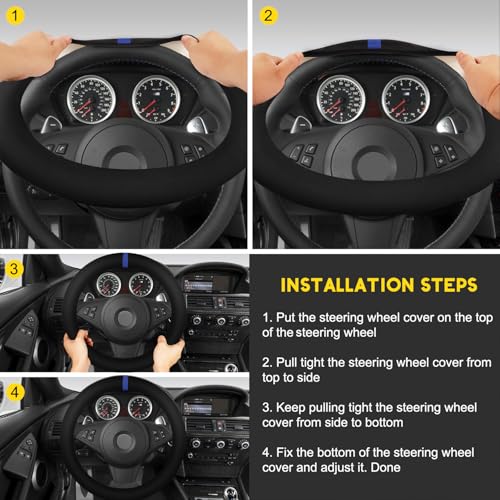 Suede Steering Wheel Cover with Upgraded Silicone Inner Ring, Breathable, Anti-Slip, Leather Universal 14.5 to 15 Inch Steering Wheel Cover (Black with Blue Mark) - style: Black with Blue Mark