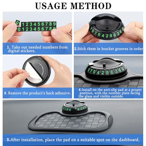Multifunction Car Anti-Slip Mat Car Dashboard Mat 360° Rotating Adjustable Phone Holder with Hidden Parking Number Plate PVC Grid Style Mat