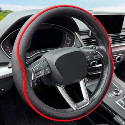 HAOTULE Leather Steering Wheel Cover, with Anti-Slip Stripe Design - Enhanced Grip, Fashion Style, Safe, Non-Slip, Breathable. Upgrade car Interior,Black red - color: Black red
