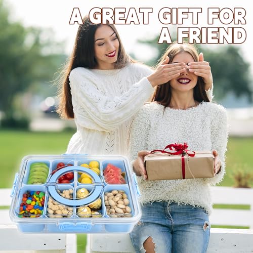 Divided Serving Tray with Lid and Handle,8 Compartments Snacks Box,Snack Fruit Veggie Tray,Portable Platter for Candy Fruits Nuts Snack Party Entertaining Picnic (Blue) - color: Blue-new-1