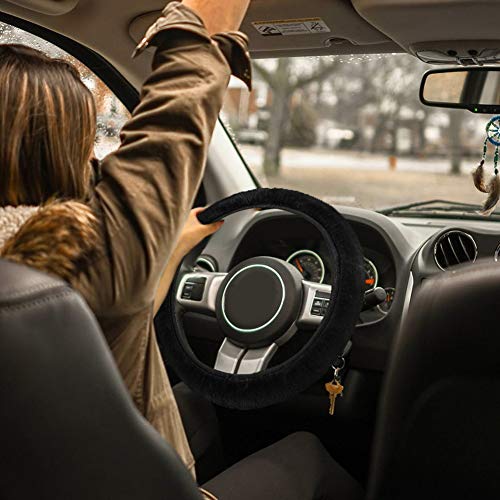 Fluffy Steering Wheel Cover for Women Girls, Accmor Universal Fit 15 inch Fur Car Wheel Cover & Handbrake Cover & Gear Shift Cover Set, Fashion Winter Warm Fuzzy Vehicle Wheel Protector (Black) - color: Black