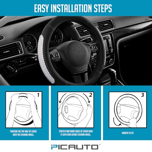 PIC AUTO Steering Wheel Cover, Glitter Gel Particles & Black Luxury Leather Car Steering Cover, Universal Fit 14.5"-15.5" Anti-Slip Car Wheels Cover for Girls & Women - color: Black
