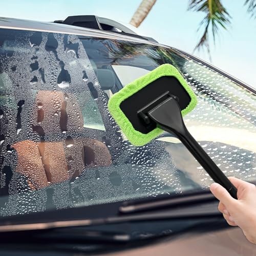 povtii Car Windshield Cleaning Tool, Microfiber Auto Window Cleaner Set with 4 Washable and Reusable Cloth Pad, Long Handle Glass Wiper Cleaning Kit with Spray Bottle, Car Accessories