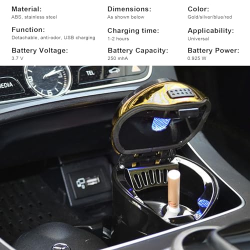 Car Ashtray with Lid, Detachable USB Rechargeable Auto Cigarette Lighter with Blue LED Light, Portable Smell Proof Stainless Car Ash Tray, Mini Automotive Trash Can (Golden) - color: Golden