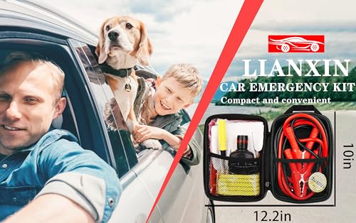 LIANXIN Car Roadside Emergency Kit, with Jumper Cables Automotive Kit,Car Safety Roadside Assistance Kit Headlamp,Tow Straps,Screwdrivers, Rainwear, Gloves.Red - color: Red