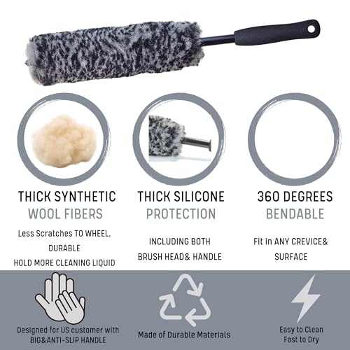 oesee Refined Long Handle Car Wheel Brush Arsenal, Soft Wheel and Rim Brush,Tire Brush, Bendable & Durable Car Wheel Rim Cleaner Brush Set for Cleaning Wheel and Tire, Large, Grey & Black - size: 4 Packs