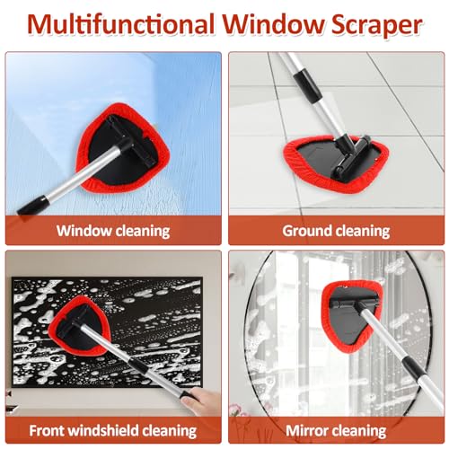 Windshield Cleaning Tool, Car Window Cleaner with Extendable Long Handle and 4 Washable Reusable Microfiber Pads and Spray Bottle, Auto Interior Exterior Glass Wiper Kit Supplies (Red) - color: Red