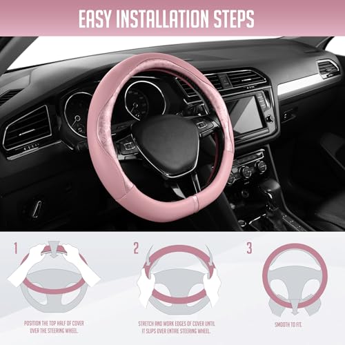 PIC AUTO Steering Wheel Cover, Pink Patterned Leather Patchwork Design, Universal Fit 14.5"–15.5" D-Shape Steering Cover, Soft PU Grain Leather, Durable Grip Car Accessory for Girls & Women - color: Fits D-Shape Pink