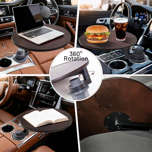 Car Desk for Laptop 360° Rotating Wood Car Tray,Car Laptop Desk and Car Food Tray Compatible with Tesla Model Y/3/S, Fits for Ford Explorer /F150/Maverick and Most Vehicles with Round Cup Holders