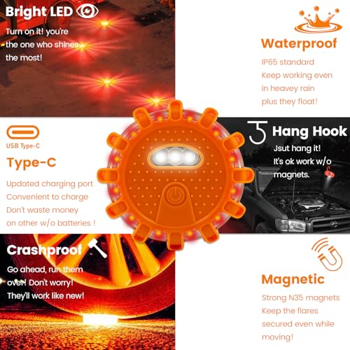 Ecoangel USB-C Rechargeable LED Road Flares Emergency Lights-Large Capacity (Lithium Battery) 3 in 1 Cable Roadside Warning Car Safety Beacon Flashing Disc Kit with Magnetic Base for Vehicles - color: USB-C 12PACK