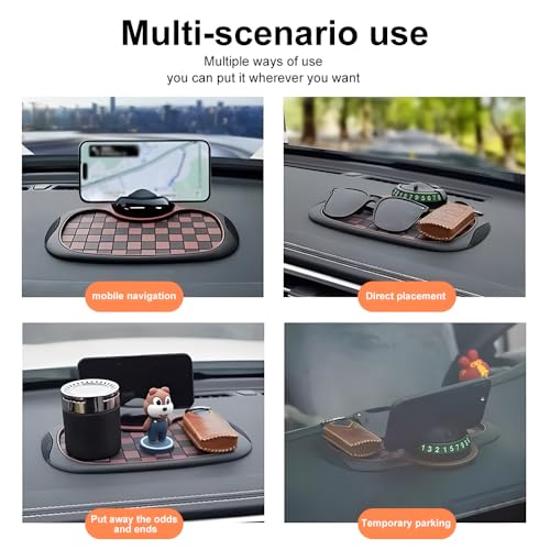 Multifunction Car Anti-Slip Dashboard Mat Sunglasses Holder Rotatable Anti Skid Car Dashboard Pad with Temporary Parking Number 4-in-1 Automobile Dashboard Accessories for Men
