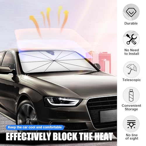 1 PC Car Front Windshield Sunshade, 55.1" x 31.5" Opening Retractable Sun Protection Heat Insulation Sunshade with 11.02" x 3.54" Storage Bag, Suitable for Most Cars, SUVs, Trucks (Silver)