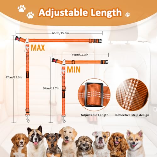 Removable Dog Seat Belt Harness for Car, 3 in 1 Pet Dog Car Seatbelt Leash, Retractable Restraint Secures to Vehicle Headrest & Adjustable Reflective Bungee Dog Seatbelt Tether,Orange - color: 2PCS Orange