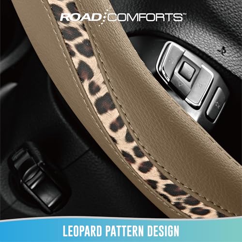 Road Comforts Steering Wheel Cover - Made with PVC Leather and Leopard Fabric - Universal 14 1/2 inches to 15 inches for Most Automotive Steering Wheel - Cheetah Print -Beige - color: Round-Beige