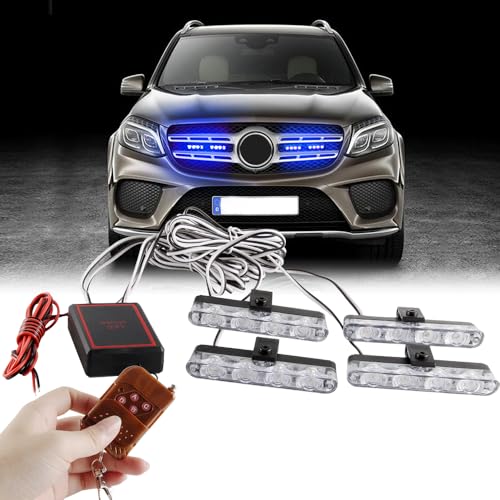 4 in 1 12V Emergency Strobe Warning Grille Lights Caution Flash Lights For Car Truck DRL Ambulance Police Lights Remote Control Wireless-Blue - color: blue, size: 4 in 1