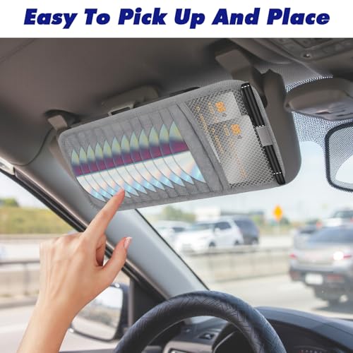 CD Visor Holder for Car, DVD Vehicle Visor Storage Organizer Gray Large Capacity CD Case with 12 Storage Sleeves, 1 Mesh Pocket, 1 Pen Loop & Elastic Strap