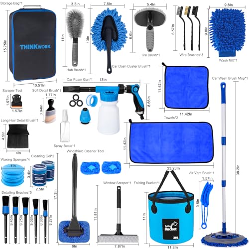 THINKWORK Car Wash Kit, Car Detailing Kit with Foam Gun, Car Wash Brush Mop and Large Folding Bucket Suitable for Car Cleaning, Blue Car Wash Set Gift for Men and Women - color: Blue(33PCS)