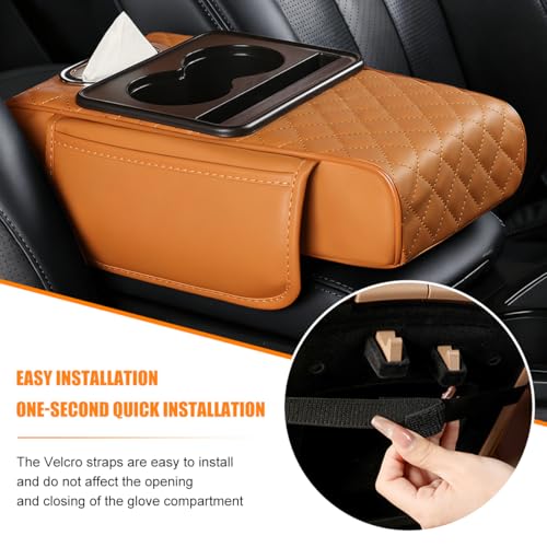 Car Armrest Cushion, 5-in-1 Nappa Leather Vehicle Centre Console Cover with 2 Storage Pockets, Cup Phone & Phone Holder, Multifunctional Auto Organiser Accessories, Universal Fit (Yellow) - color: Yellow