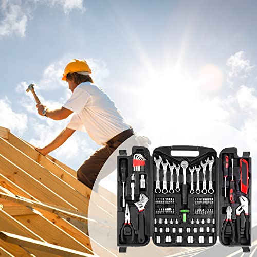 TLGREEN 95 Piece Tool Set, Tool Kit, Mechanics Tool Set, Portable Toolbox with Adjustable Wrench Pliers Socket Bits, with Plastic Toolbox, for House Apartment Garage (Red) - color: Red