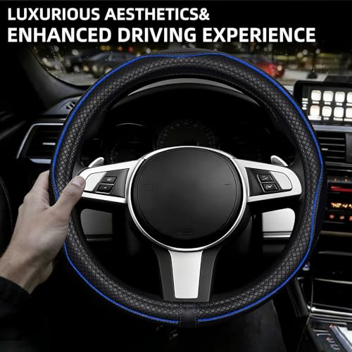 NBTEPEM Customized Auto Car Steering Wheel Cover for Toyota, Microfiber Leather Steering Wheel Covers with Anti-Slip Lining, Breathable, Safety, Soft, Sports Style (Black with Blue Line) - color: Black with Blue Line