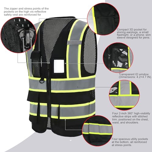 A-SAFETY Mesh High Vis Vest Lightweight Reflective Construction Vest with Pockets Safety Vest for Men/Women - color: Dz-black, size: 3X-Large