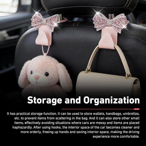 2 PCS Car Seat Headrest Hooks, Bling Rhinestones Crystal Bow Car Purse Hooks, Cute Backseat Storage Hanger for Handbag Purse Coat, Universal for SUV Truck Sedan (Pink) - color: Pink