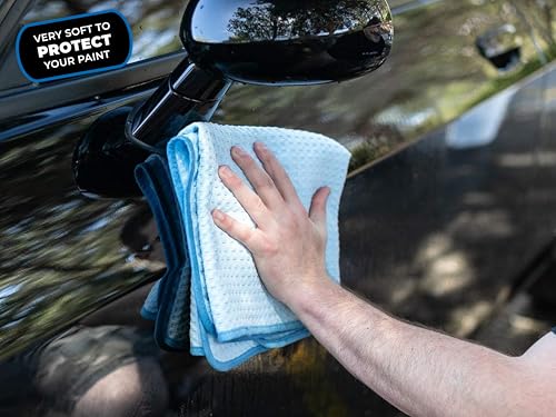 The Rag Company Dry Me A River, Professional Korean 70/30 Blend Microfiber Waffle-Weave Drying & Detailing Towels, Soft Suede Edges, 390 GSM, 16x16 Inches, Light Blue, 5-Pack - color: Light Blue, size: 16in x 16in