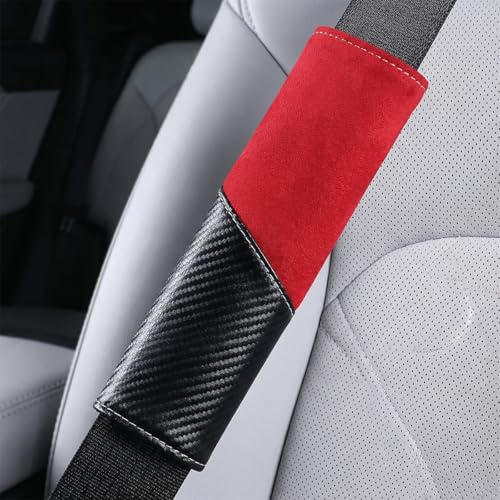 2PCS Car Seat Belt Cover, Soft Carbon Fiber Suede Breathable Vehicle Seat Strap Shoulder Cushion, Comfortable Automotive Interior Seatbelt Mat Pad, Universal for SUV Van RV (Black/Red) - color: Black/Red