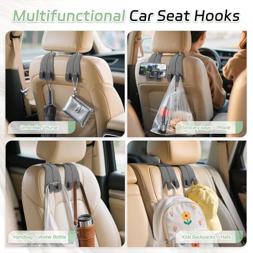 Car Seat Headrest Hooks - 2 Pack Universal Car Purse Hook, Leather Car Bag Purse Holder with Double Metal Hooks for Handbags, Grocery Bags, Bottles, Phones - color: Gray