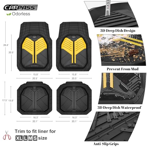 CAR PASS Heavy Duty Rubber Car Mats, Deep Dish Car Floor Mats All Weather, Car Mats Full Set 4-Piece Trim to Fit for Sedans SUVs Trucks, Waterproof Anti-Slip Automotive Mats, V12 Black and Yellow - color: Black and Yelllow
