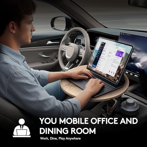 Car Desk for Laptop & Car Table Tray, Height-Adjustable 360° Rotating Wood Car Laptop Mount, Cup Holder Table, Steering Wheel Tray, Compatible with Tesla & Most Vehicles - color: Ash
