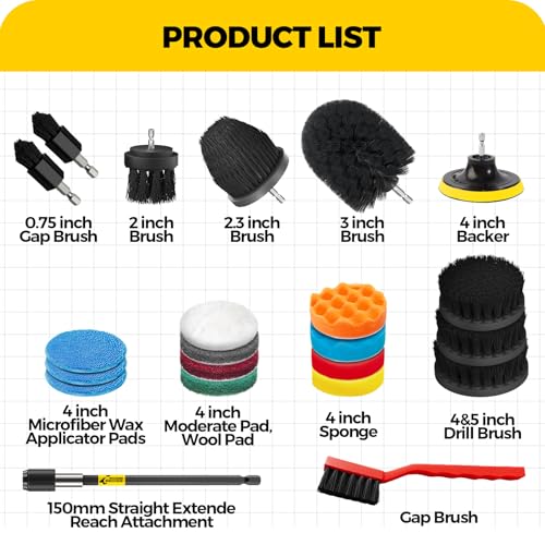 Holikme 22Pack Drill Brush Attachments Set, Scrub Pads & Sponge, Buffing Pads, Power Scrubber Brush, Car Polishing Pad Kit,Wax Applicator Pad,Car Cleaning Kit,Cleaning Supplies,Masonry Brushes,Black - color: Black