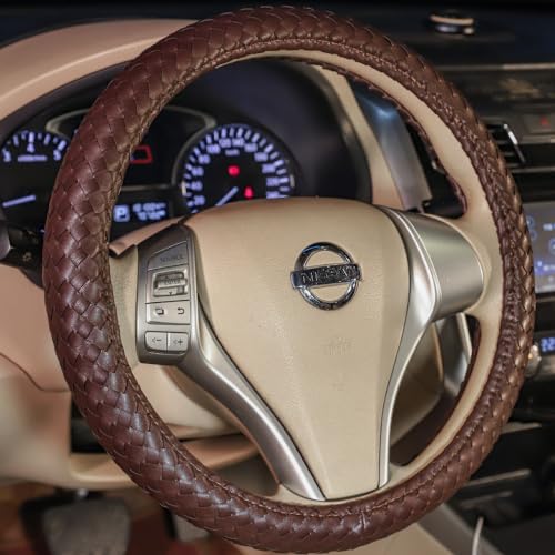 Carwales Elegant Men Steering Wheel Cover Leather for Car Hand-Made Wheel Wrap Hand Woven Universal 14.5-15 Inch Brown - color: Brown