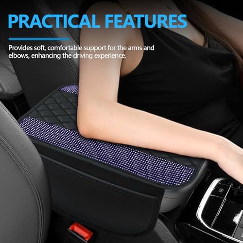 Bling Leather Car Center Console Cover, 12.2"×7.48" Crystal Rhinestone Automotive Arm Rest Cover with Side Pockets, Universal Vehicle Armrest Protector, Interior Car Accessories (Purple) - color: Purple