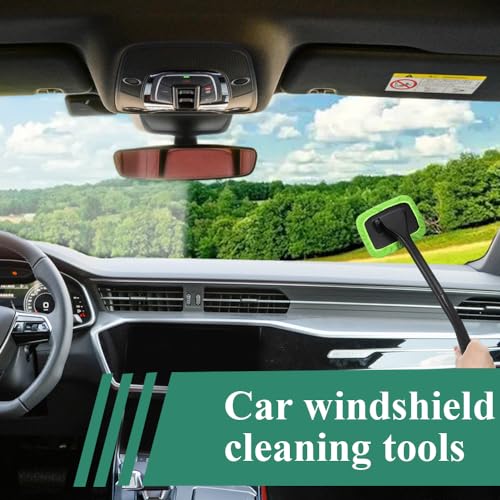 Windshield Cleaning Tool, Extendable Handle Car Window Cleaner with 4 Reusable Microfiber Pads, Auto Inside Glass Wiper for Car Windscreen Cleaning - color: Green