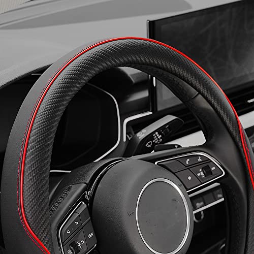 YHONGJT Soft Microfiber Leather Anti-Slip Car Steering Wheel Cover, Universal 15 Inch, Fit Vehicles, Sedans, SUVS, Vans, Trucks - Black with Red Line - color: E-Black with Red Line