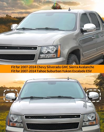 Chrome Fully Mirror Caps Covers Compatible with 2007-2014 Chevy Silverado GMC Sierra Avalanche Tahoe Suburban Yukon Escalade ESV Side View Door Mirror Cover Caps (Left Right) - color: Fully Caps Chrome