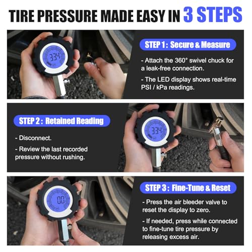 Digital Tire Pressure Gauge, 3-250 PSI Tire Gauges with Easy Read Extra-Large Backlit LED Screen for Car, Truck, Motorcycle, Bicycle Tire Pressure, Calibrated to ANSI B40.7 Grade 2A - size: 2.5" Digital LED - 250 PSI