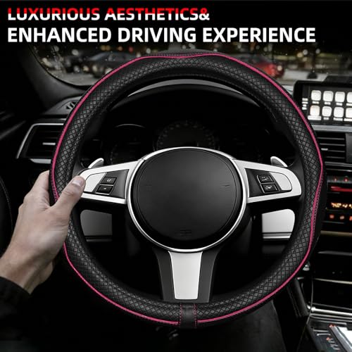 NBTEPEM Customized Auto Car Steering Wheel Cover for Toyota, Microfiber Leather Steering Wheel Covers with Anti-Slip Lining, Breathable, Safety, Soft, Sports Style (Black with Pink Line) - color: Black with Pink Line