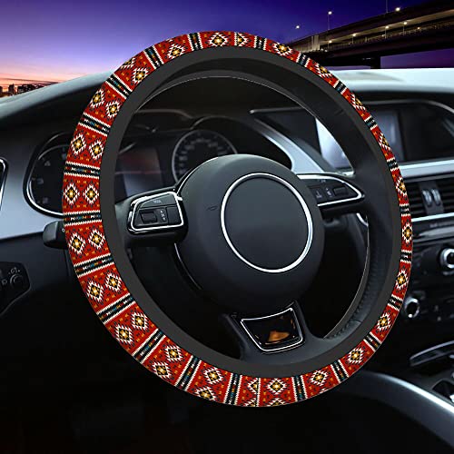 Swono Geometric Red Universal 15" Steering Wheel Covers Traditional Ethnic Tribal Colorful Geometric Pattern Cute Car Steering Wheel Cover for Men Women Girls Car Accessories - color: multi-048