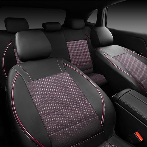 CAR PASS Piping PU Leather Car Seat Cover Full Set,Inside Zipper Design and Reserved Opening Holes,Airbag Compatible,Universal FIT for Car, SUVs,Van,Trucks(Full Set, Black & Pink) - color: Black and Pink