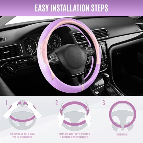 PIC AUTO Steering Wheel Cover, Pink Patterned & Light Purple Leather Patchwork Design, Universal Fit 14.5"–15.5", Anti-Slip, Soft PU Grain Leather, Durable Grip Car Accessory for Girls & Women - color: Pink & Light Purple