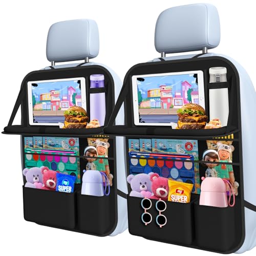 Car Backseat Organizer with table Tray, 9 Storage Pockets Backseat Car Organizer with Tablet Holder, Back seat Organizer for Kids Road Trip Essentials Travel (1Pack) - style: 1Pack with Food Tray-Black