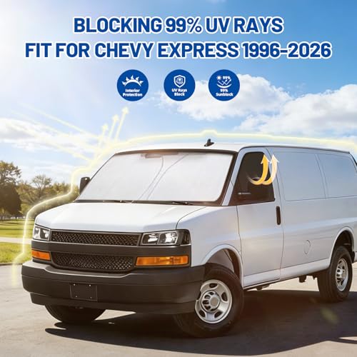 for Chevy Express 1996-2026 Front Windshield & Side Window Covers, Foldable 3-Piece Window Shades Set, Custom Fit Sunshade Visor for UV Rays & Heat Block, Cargo Van Accessories - size: Fit for Chevy Express 1996-2026