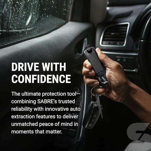 Sabre Safe Escape™ 3-in-1 Car Escape Tool for Car Safety with Spring-Loaded Window Breaker, No Swing Required, Seat Belt Cutter, LED Flashlight, Compact Auto Safety Tool for Emergencies - color: Black